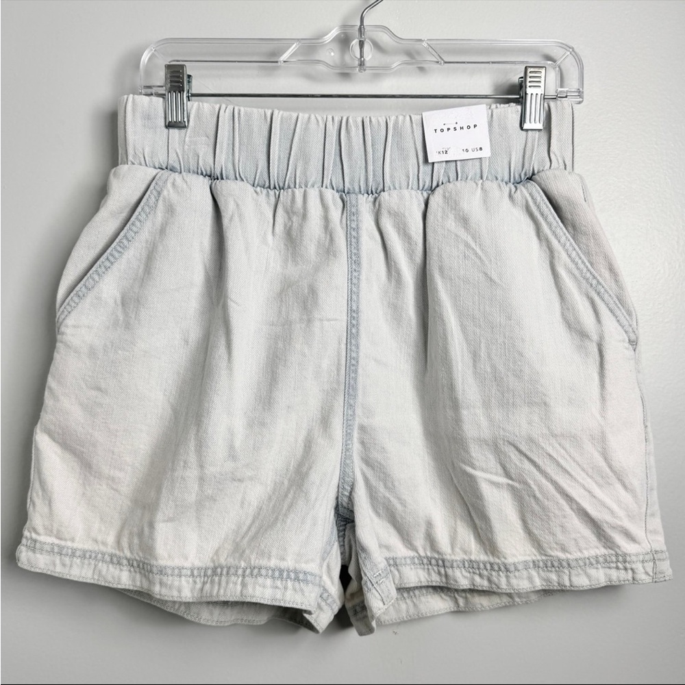 Asos TopShop Size 8 Pull On 100% Cotton Denim Shorts in Bleach Elastic Waist